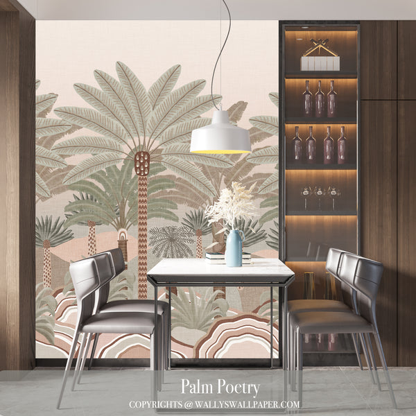 Palm leaf wallpaper with hand-painted palms and abstract layered landscape in soft neutral and earthy tones – Palm Poetry by Wally’s Wallpaper.