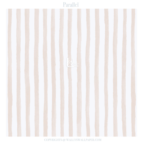 Wallpaper with beige vertical stripes on a white background, featuring the brand 'Parallc'.