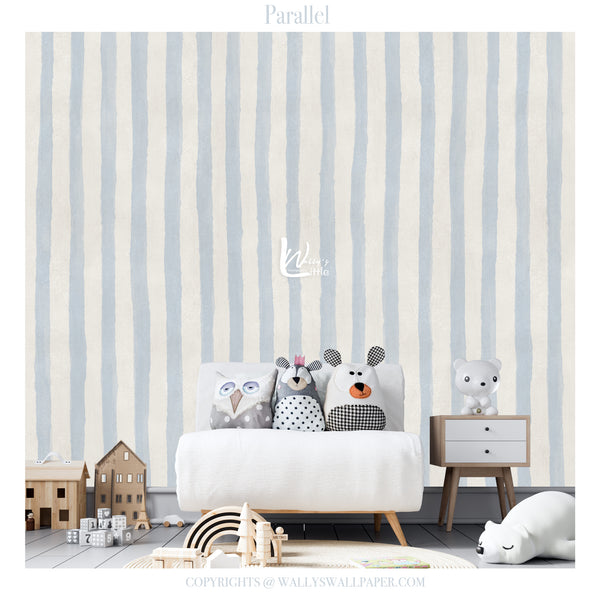 Children's room with striped wallpaper, white chair, and toys.