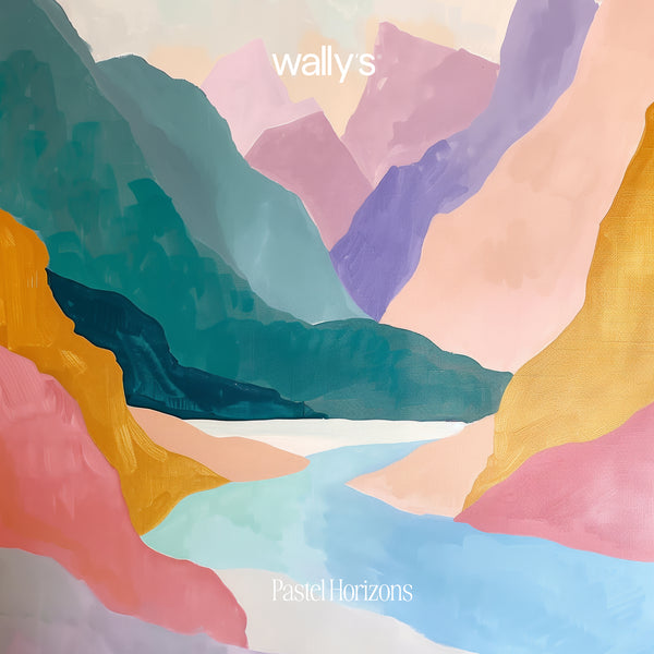 Abstract pastel landscape artwork showing layered mountains and a river in soft pink, teal, purple, yellow, peach, and blue tones, with the text 'wally's' at the top and 'PastelHorizons' at the bottom.
