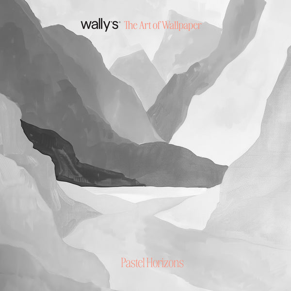 Album cover art for 'wally's The Art of Wallpaper - Pastel Horizons' featuring a monochrome, textured painting of a mountain valley in shades of gray, white, and black, with coral-pink text.