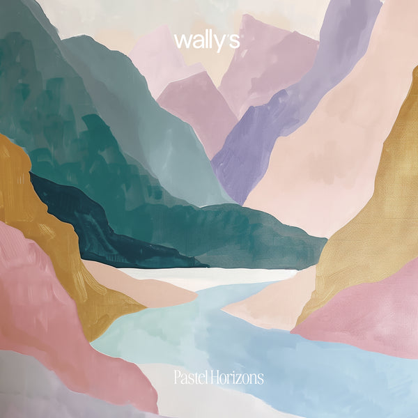 Abstract pastel landscape artwork with layered mountains and a river, featuring the text 'wally's' at the top and 'PastelHorizons' at the bottom.