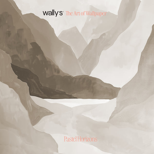 Album cover art for 'wally's The Art of Wallpaper - Pastel Horizons' featuring a minimalist, textured watercolor-style illustration of a mountain canyon in muted beige, gray, and brown tones.
