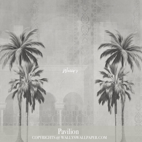 Introducing "Pavilion" wallpaper, a sophisticated choice for enhancing summer house interiors. This elegant design showcases a mix of architectural buildings, detailed oriental patterns, and graceful palm trees. Available in a palette of pastel, beige, and grey tones, "Pavilion" offers a refined touch to your space. Crafted to the highest standards in the Middle East, it’s the perfect solution for creating a stylish and serene environment in your home.