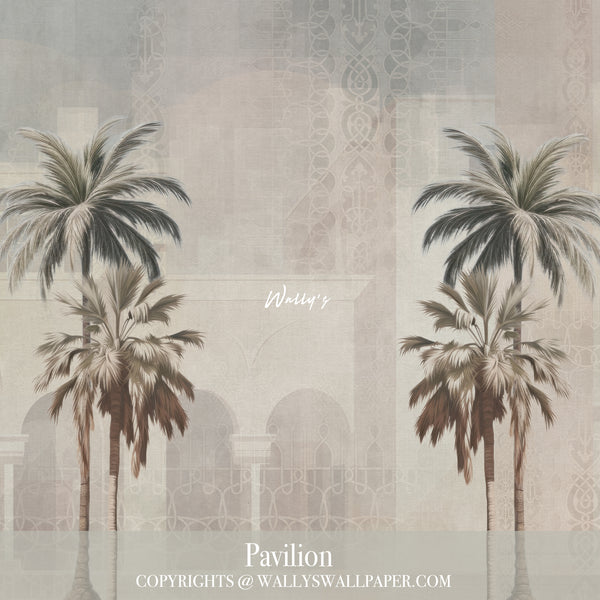 Introducing "Pavilion" wallpaper, a sophisticated choice for enhancing summer house interiors. This elegant design showcases a mix of architectural buildings, detailed oriental patterns, and graceful palm trees. Available in a palette of pastel, beige, and grey tones, "Pavilion" offers a refined touch to your space. Crafted to the highest standards in the Middle East, it’s the perfect solution for creating a stylish and serene environment in your home.