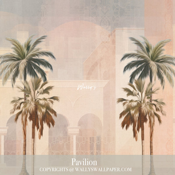 Introducing "Pavilion" wallpaper, a sophisticated choice for enhancing summer house interiors. This elegant design showcases a mix of architectural buildings, detailed oriental patterns, and graceful palm trees. Available in a palette of pastel, beige, and grey tones, "Pavilion" offers a refined touch to your space. Crafted to the highest standards in the Middle East, it’s the perfect solution for creating a stylish and serene environment in your home.