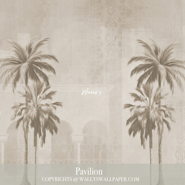 Introducing "Pavilion" wallpaper, a sophisticated choice for enhancing summer house interiors. This elegant design showcases a mix of architectural buildings, detailed oriental patterns, and graceful palm trees. Available in a palette of pastel, beige, and grey tones, "Pavilion" offers a refined touch to your space. Crafted to the highest standards in the Middle East, it’s the perfect solution for creating a stylish and serene environment in your home.