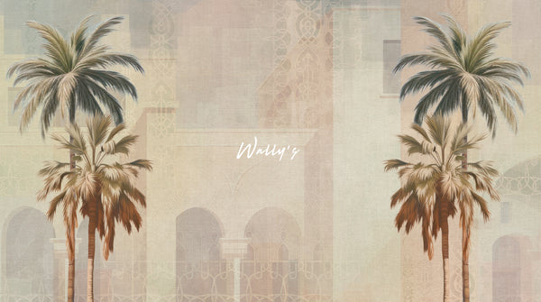 Introducing "Pavilion" wallpaper, a sophisticated choice for enhancing summer house interiors. This elegant design showcases a mix of architectural buildings, detailed oriental patterns, and graceful palm trees. Available in a palette of pastel, beige, and grey tones, "Pavilion" offers a refined touch to your space. Crafted to the highest standards in the Middle East, it’s the perfect solution for creating a stylish and serene environment in your home.