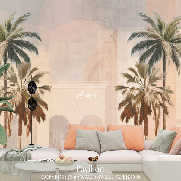 Introducing "Pavilion" wallpaper, a sophisticated choice for enhancing summer house interiors. This elegant design showcases a mix of architectural buildings, detailed oriental patterns, and graceful palm trees. Available in a palette of pastel, beige, and grey tones, "Pavilion" offers a refined touch to your space. Crafted to the highest standards in the Middle East, it’s the perfect solution for creating a stylish and serene environment in your home.