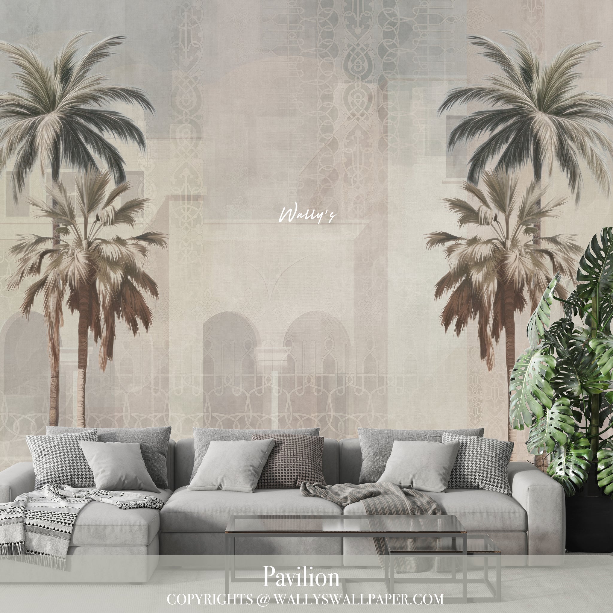 Introducing "Pavilion" wallpaper, a sophisticated choice for enhancing summer house interiors. This elegant design showcases a mix of architectural buildings, detailed oriental patterns, and graceful palm trees. Available in a palette of pastel, beige, and grey tones, "Pavilion" offers a refined touch to your space. Crafted to the highest standards in the Middle East, it’s the perfect solution for creating a stylish and serene environment in your home.