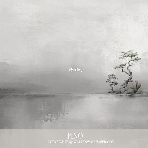 Minimal Japanese-style wallpaper mural featuring a serene tree by calm water in soft beige and sage tones, styled in a modern living room – Pino by Wally’s Wallpaper.