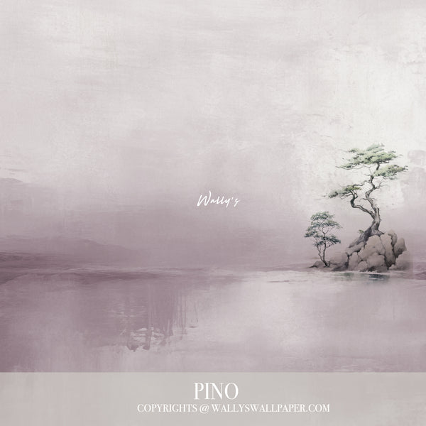 Minimal Japanese-style wallpaper mural featuring a serene tree by calm water in soft beige and sage tones, styled in a modern living room – Pino by Wally’s Wallpaper.