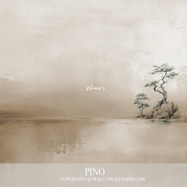 Minimal Japanese-style wallpaper mural featuring a serene tree by calm water in soft beige and sage tones, styled in a modern living room – Pino by Wally’s Wallpaper.