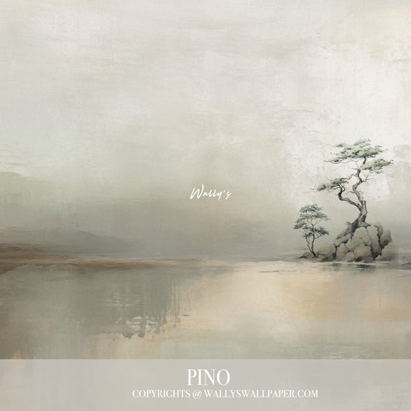 Minimal Japanese-style wallpaper mural featuring a serene tree by calm water in soft beige and sage tones, styled in a modern living room – Pino by Wally’s Wallpaper.
