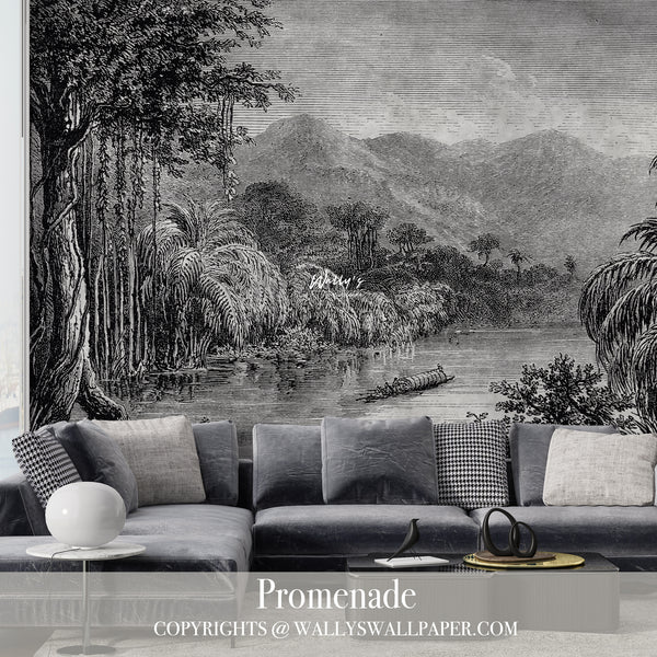 wallpaper of Vintage garden with a lake comes in 3 colors, grey , light grebe, sepia , wallpaper in Middle East, best wallpaper quality in Egypt  in front of grey sofa 
