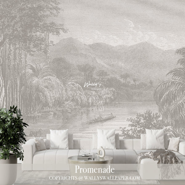 wallpaper of Vintage garden with a lake comes in 3 colors, grey , light grebe, sepia , wallpaper in Middle East, best wallpaper quality in Egypt , in front of white sofa, modern wallpaper, trendy wall murals 