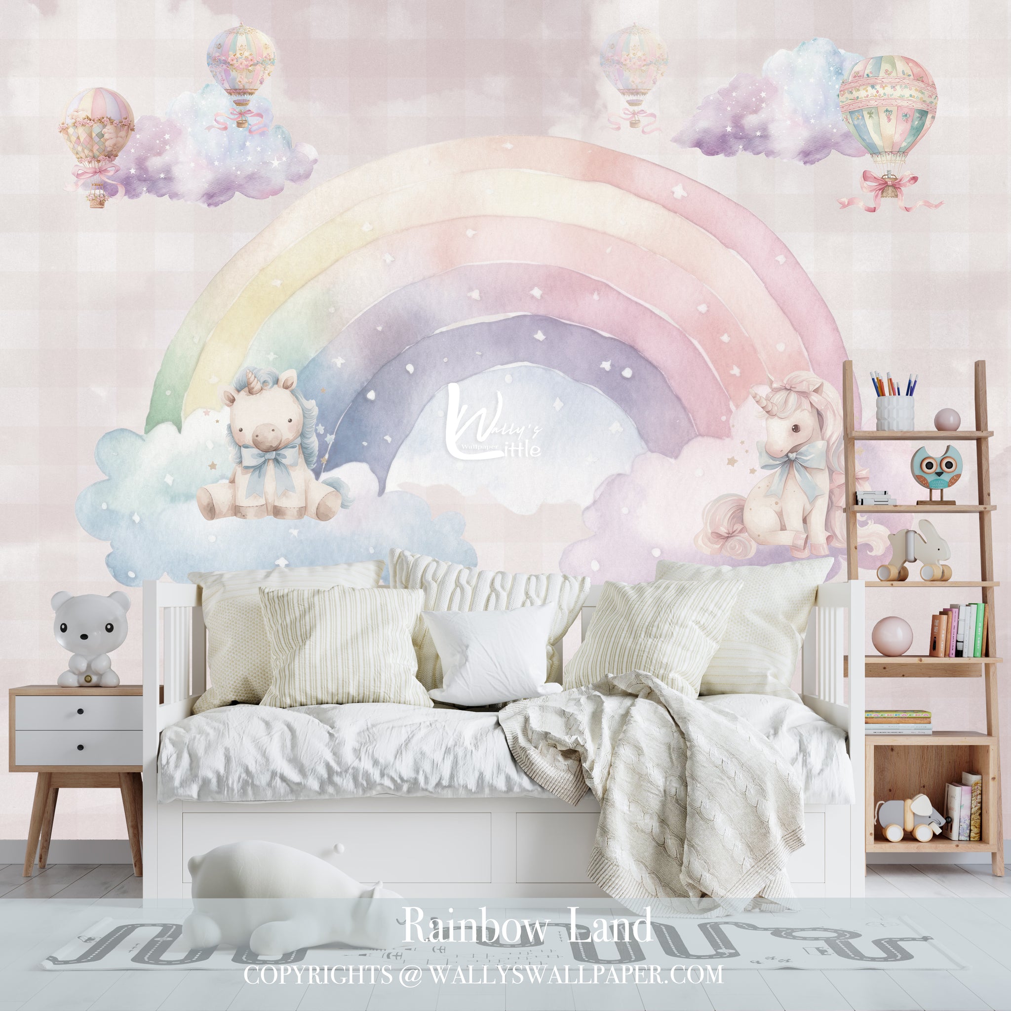 Wallpaper design called "Rainbow Land" featuring a pastel rainbow with clouds, two cute unicorns, and hot air balloons, perfect for kids' rooms and nurseries.