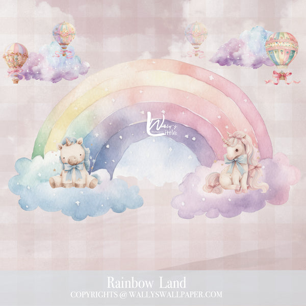 Wallpaper design called "Rainbow Land" featuring a pastel rainbow with clouds, two cute unicorns, and hot air balloons, perfect for kids' rooms and nurseries.