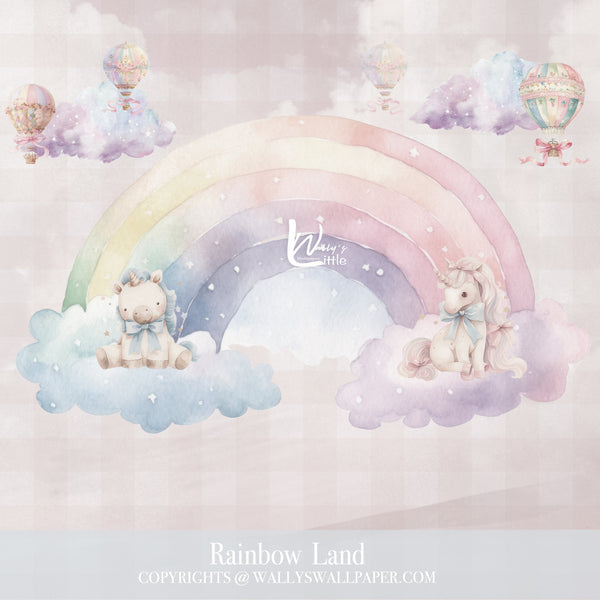 Wallpaper design called "Rainbow Land" featuring a pastel rainbow with clouds, two cute unicorns, and hot air balloons, perfect for kids' rooms and nurseries.