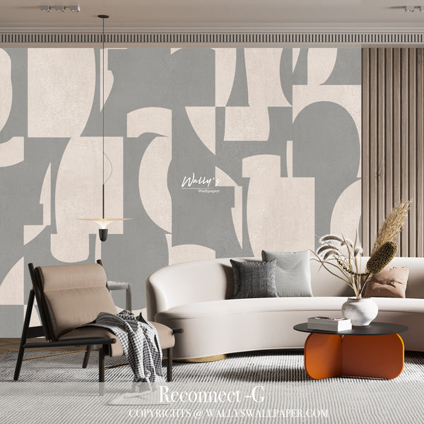 Abstract shapes in off white and light grey wallpaper in front of modern sofa , best wallpaper, in Egypt, and Saudia Arabia 