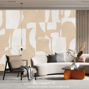 Abstract shapes in creme and light grey wallpaper in front of modern sofa , best wallpaper, in Egypt, and Saudia Arabia 