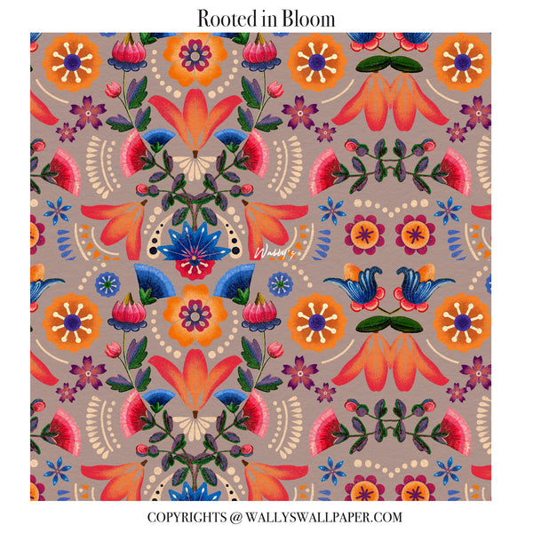 Rooted in Bloom floral wallpaper featuring bold hand-drawn flowers and rich ethnic patterns in red and earthy tones, shown as a rolled wallpaper.”