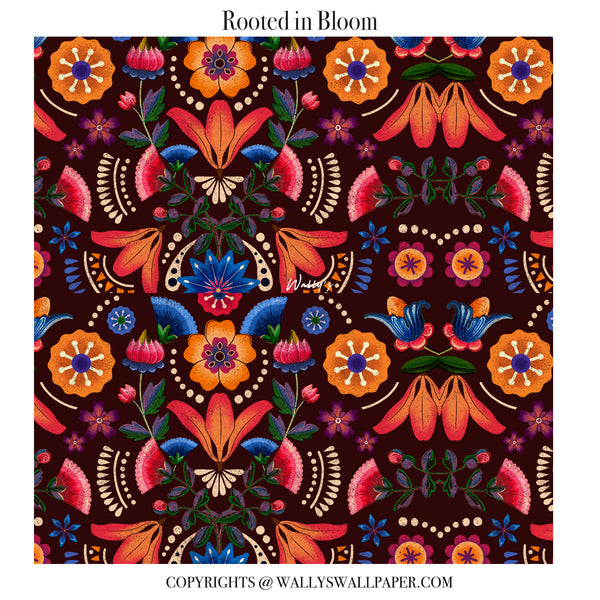 Rooted in Bloom floral wallpaper featuring bold hand-drawn flowers and rich ethnic patterns in red and earthy tones, shown as a rolled wallpaper.”