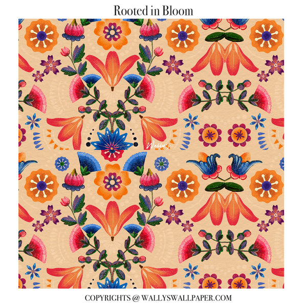Rooted in Bloom floral wallpaper featuring bold hand-drawn flowers and rich ethnic patterns in red and earthy tones, shown as a rolled wallpaper.”