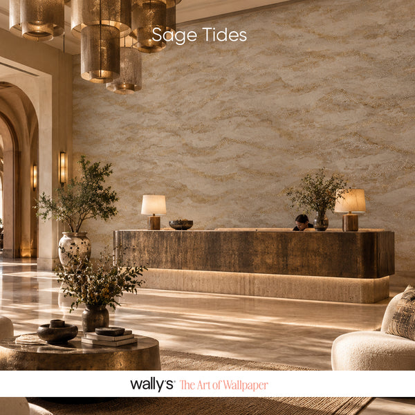 Sage Tides wallpaper in sepia beige with warm mineral tones and subtle layered texture.