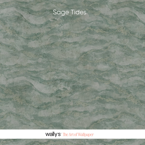 Sage Tides wallpaper swatch showing four colorways: green, beige, purple, and gray.