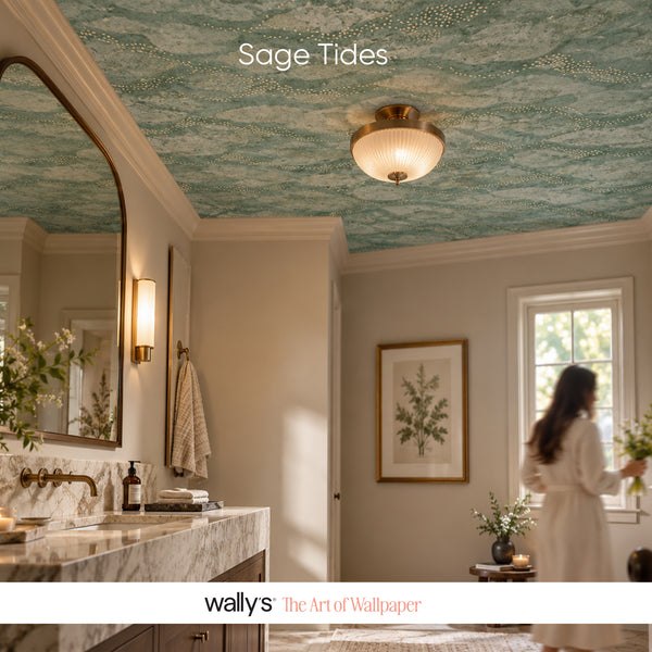 Sage Tides wallpaper in green showing flowing layered mineral textures with fine dotted accents.