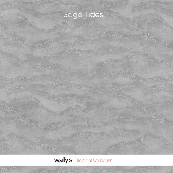 Sage Tides wallpaper in gray with organic flowing shapes and a soft textured finish.