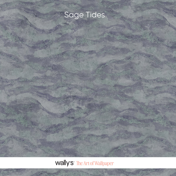 Sage Tides wallpaper panel in green showing serene tones and layered texture.