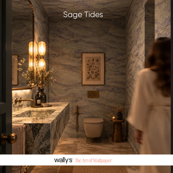 Sage Tides wallpaper in lavender-grey showing muted purple layers and delicate dotted details.