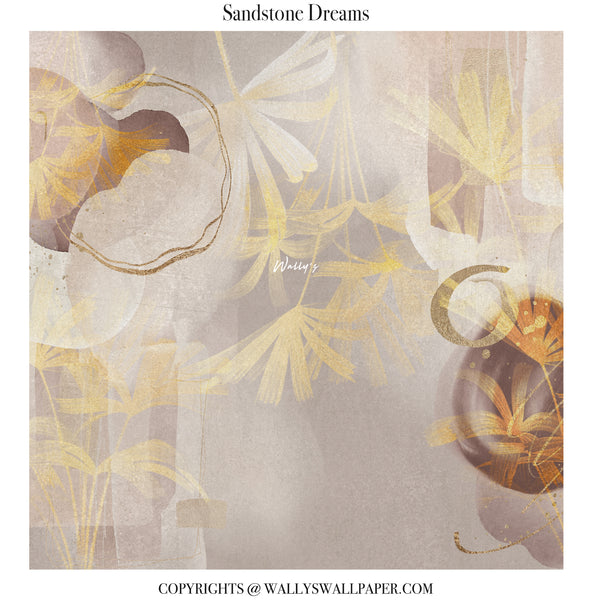 Abstract wallpaper in sepia, pale beige and grey tones with organic shapes and soft gold accents in a modern living room