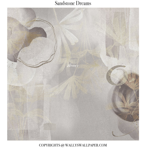 Abstract wallpaper in sepia, pale beige and grey tones with organic shapes and soft gold accents in a modern living room