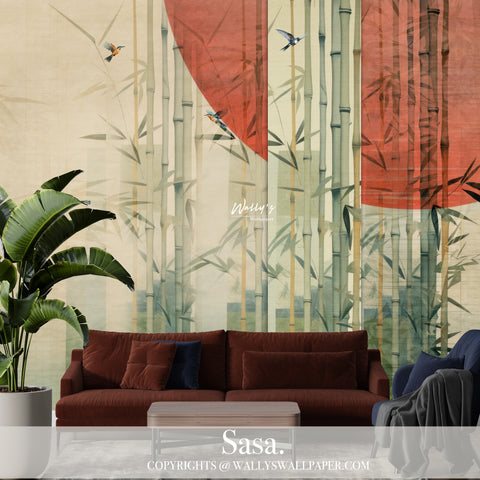 bamboo wall mural composition of bamboo branches with some birds adding on abstract design with red circles, come in varies of colors of green, beige,red,blue,grey perfect for interior design, wallpaper trends 2024, best wallpaper quality in Egypt and Middle East 