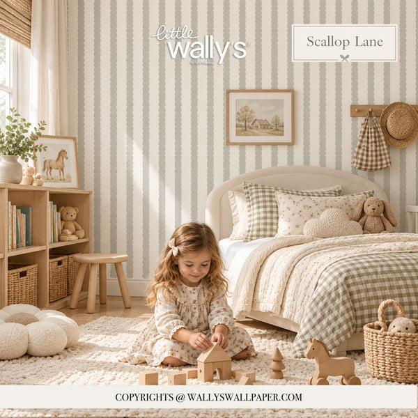 A child's bedroom scene featuring scallop stripe wallpaper in a soft beige and white colorway, styled with a wooden bed, cozy bedding, a young girl sitting on a plush rug, and warm natural light.