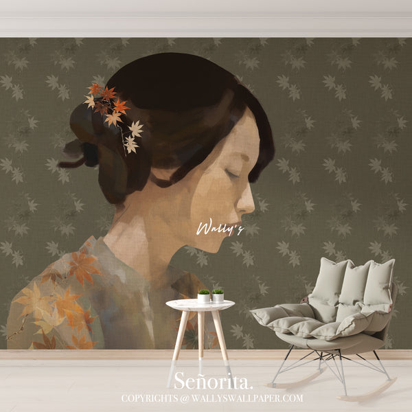 "A beautiful wallpaper design called 'Señorita' featuring a portrait of a girl painted with maple leaves and a background with a maple pattern in earthy tones of orange and green. Perfect for adding warmth and elegance to any room. Best wallpaper quality in the Middle East."