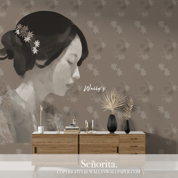 "A beautiful wallpaper design called 'Señorita' featuring a portrait of a girl painted with maple leaves and a background with a maple pattern in earthy tones of orange and green. Perfect for adding warmth and elegance to any room. Best wallpaper quality in the Middle East."