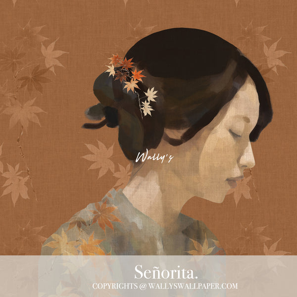 "A beautiful wallpaper design called 'Señorita' featuring a portrait of a girl painted with maple leaves and a background with a maple pattern in earthy tones of orange and green. Perfect for adding warmth and elegance to any room. Best wallpaper quality in the Middle East."