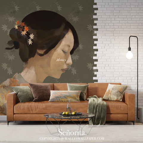 "A beautiful wallpaper design called 'Señorita' featuring a portrait of a girl painted with maple leaves and a background with a maple pattern in earthy tones of orange and green. Perfect for adding warmth and elegance to any room. Best wallpaper quality in the Middle East."