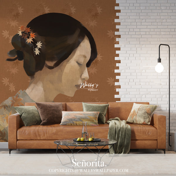 "A beautiful wallpaper design called 'Señorita' featuring a portrait of a girl painted with maple leaves and a background with a maple pattern in earthy tones of orange and green. Perfect for adding warmth and elegance to any room. Best wallpaper quality in the Middle East."