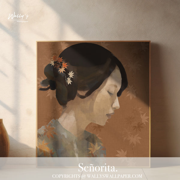 "A beautiful wallpaper design called 'Señorita' featuring a portrait of a girl painted with maple leaves and a background with a maple pattern in earthy tones of orange and green. Perfect for adding warmth and elegance to any room. Best wallpaper quality in the Middle East."