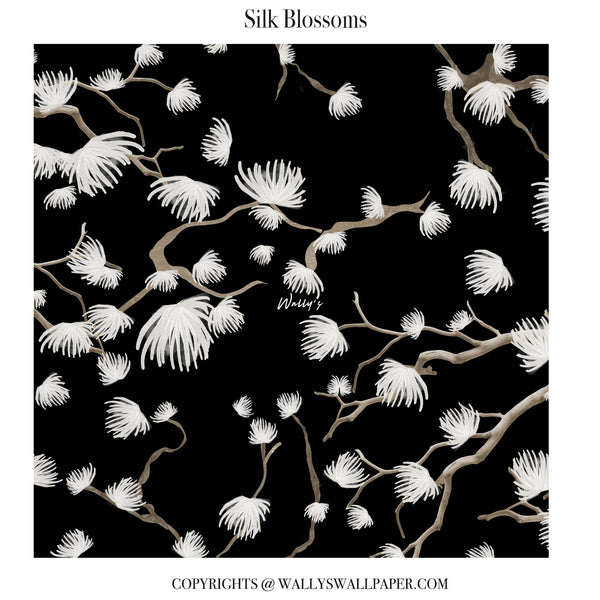 A repeating floral pattern labeled 'Silk Blossoms' on a dark brown background, featuring white flower clusters and pale beige branches. The design appears as a square swatch with text above and copyright text below.