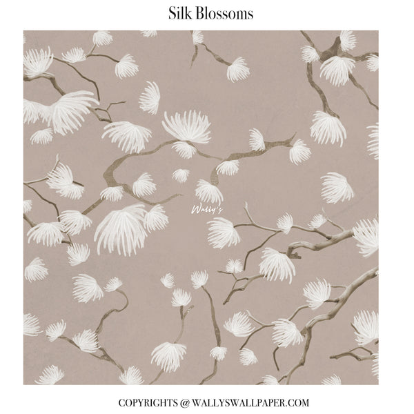 Silk Blossoms wallpaper pattern featuring white silk-like blossoms on branching gray-brown stems against a warm taupe background, shown with brand text 'Wally's' and 'Silk Blossoms' on a white border.