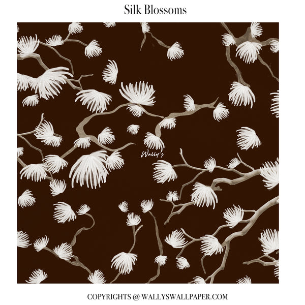 A repeating floral pattern labeled 'Silk Blossoms' on a dark brown background, featuring white flower clusters and pale beige branches. The design appears as a square swatch with text above and copyright text below.