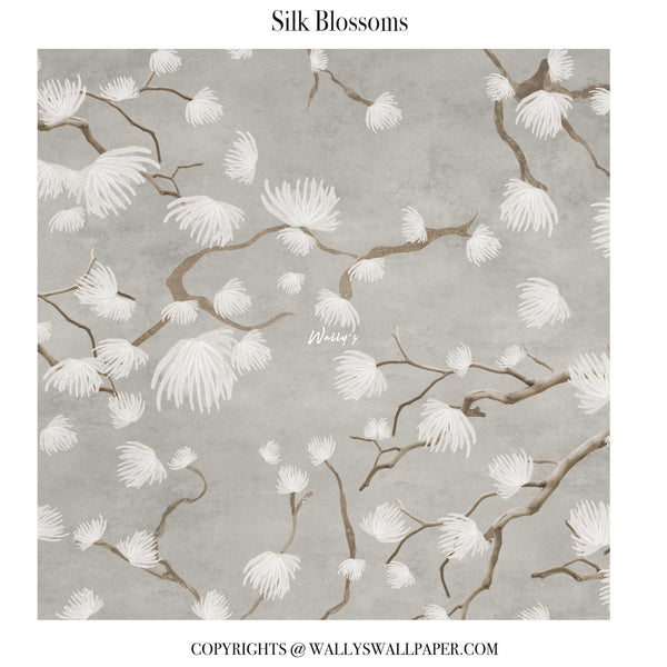 Silk Blossoms wallpaper pattern featuring white cherry blossom blossoms on textured gray-brown branches, shown as a square sample with brand text 'Wally's' and 'Silk Blossoms' on a white border.