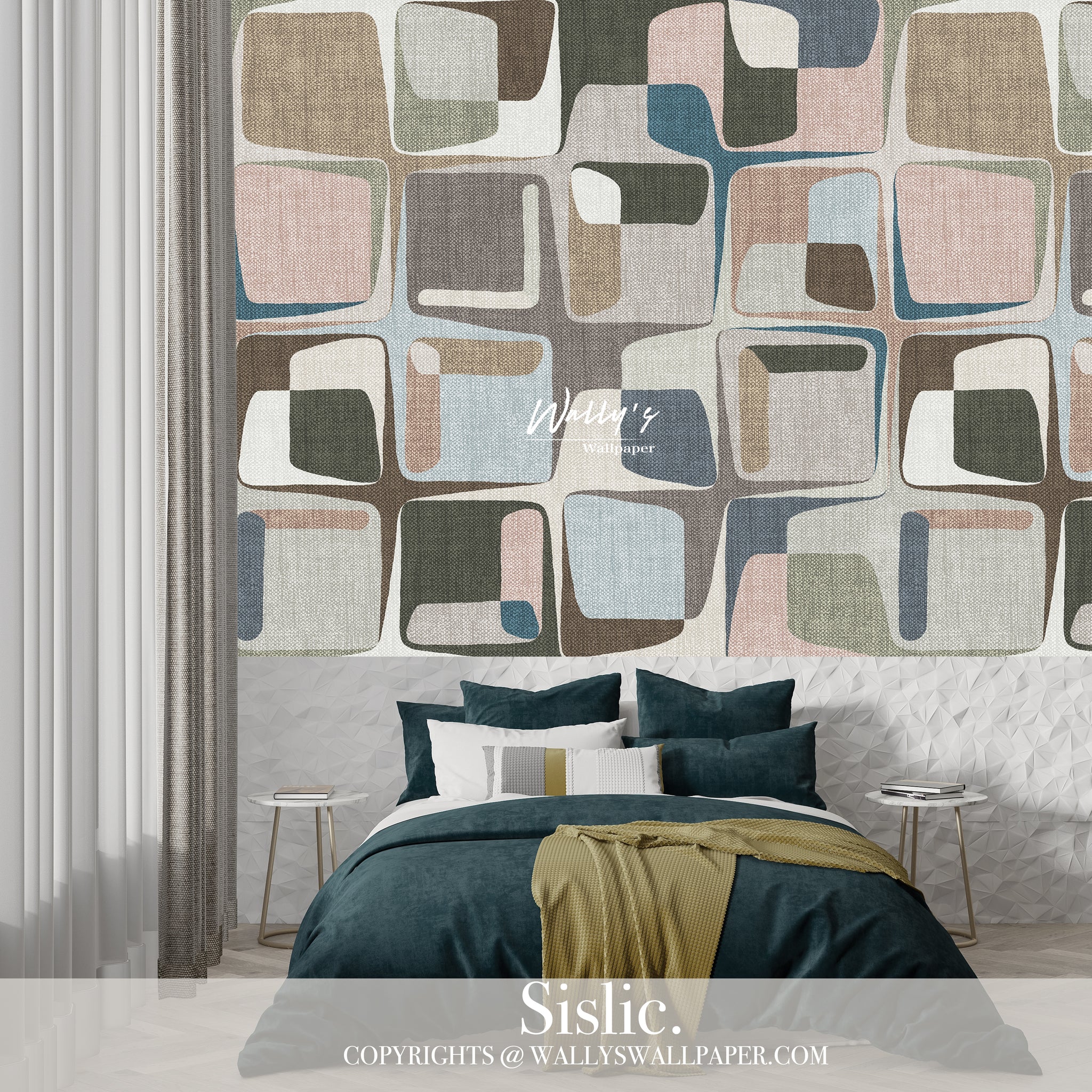 abstract of geometric patterns with linen texture colors Blue , Beige, Brown , orange in front of bed, in a cozy Bedroom, Best High-Quality Wallpaper in Egypt, and Middle East 