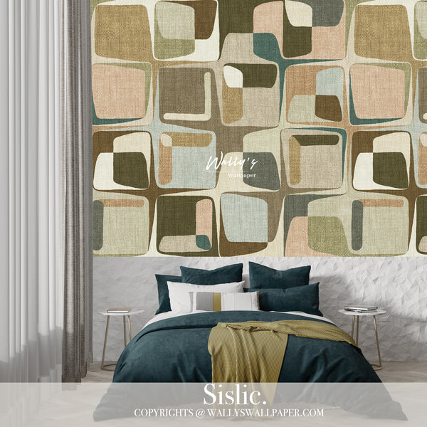 abstract of geometric patterns with linen texture colors Blue , Beige, Brown , orange in front of bed, in a cozy Bedroom, Best High-Quality Wallpaper in Egypt, and Middle East 
